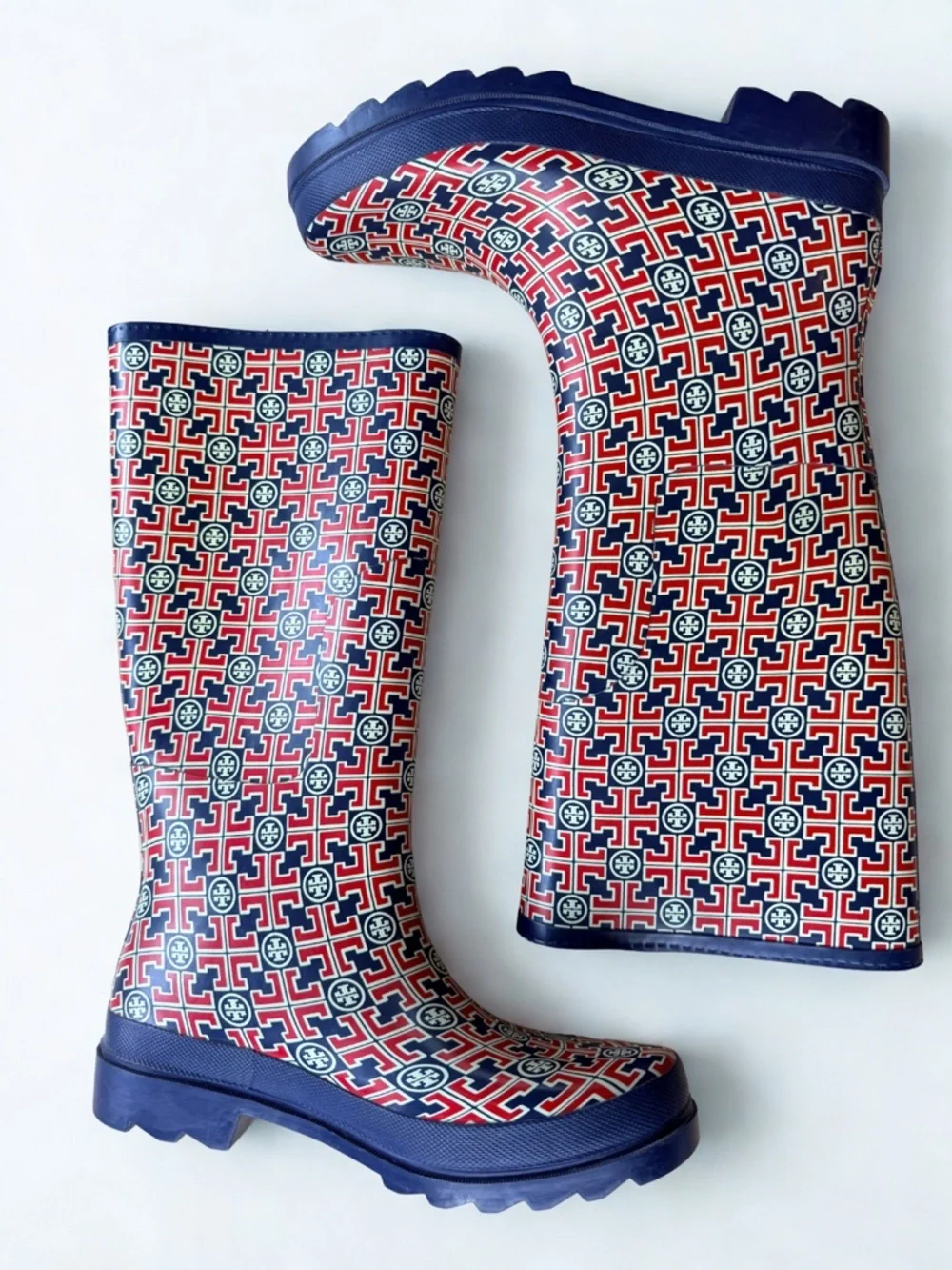 ☔️ TORY BURCH Navy, Red & Yellow Logo Rain Boots Excellent Pre-❤️ Condition